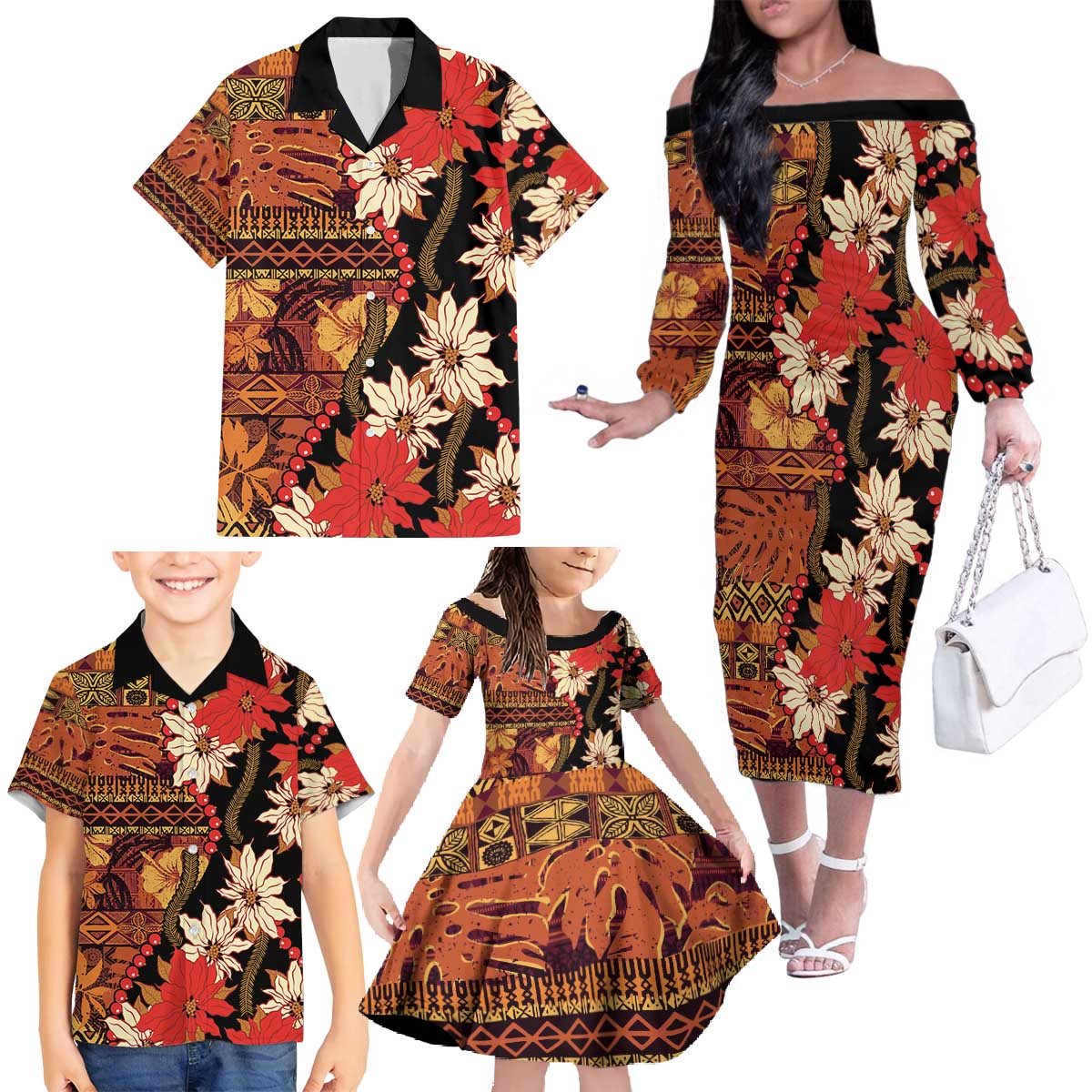Hawaii Christmas Poinsettia Lei Family Matching Off The Shoulder Long Sleeve Dress and Hawaiian Shirt Tapa Pattern - Polynesian Pride