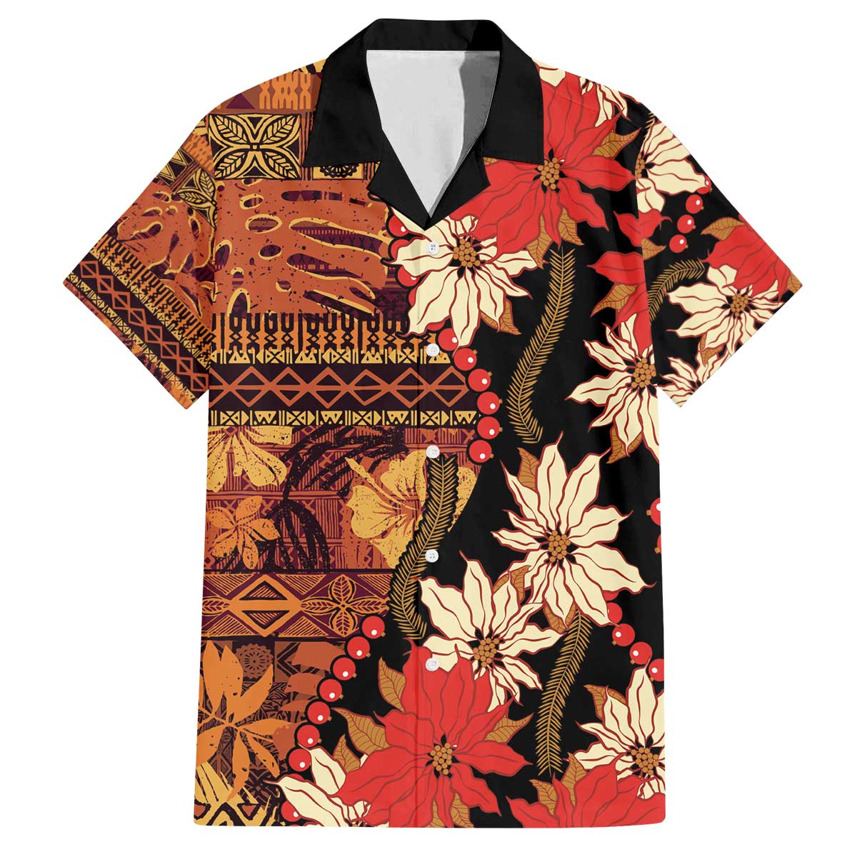 Hawaii Christmas Poinsettia Lei Family Matching Off The Shoulder Long Sleeve Dress and Hawaiian Shirt Tapa Pattern - Polynesian Pride