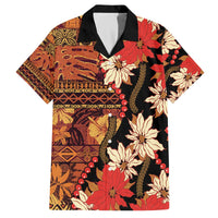 Hawaii Christmas Poinsettia Lei Family Matching Off The Shoulder Long Sleeve Dress and Hawaiian Shirt Tapa Pattern - Polynesian Pride