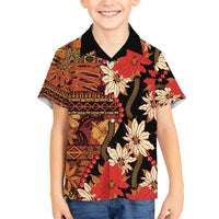Hawaii Christmas Poinsettia Lei Family Matching Off The Shoulder Long Sleeve Dress and Hawaiian Shirt Tapa Pattern - Polynesian Pride