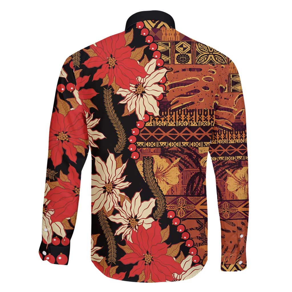 Hawaii Christmas Poinsettia Lei Family Matching Off Shoulder Short Dress and Hawaiian Shirt Tapa Pattern - Polynesian Pride