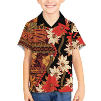 Hawaii Christmas Poinsettia Lei Family Matching Off Shoulder Short Dress and Hawaiian Shirt Tapa Pattern - Polynesian Pride