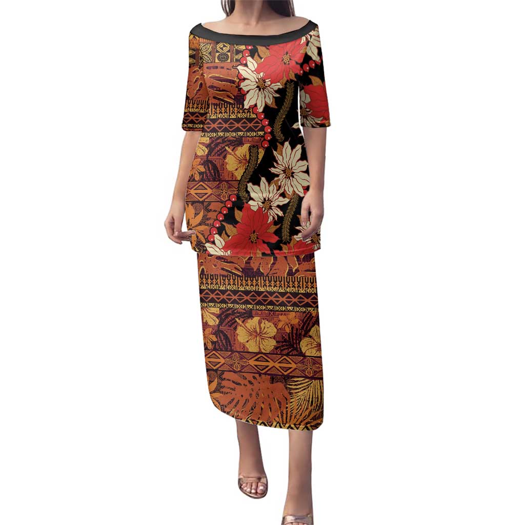 Hawaii Christmas Poinsettia Lei Family Matching Puletasi and Hawaiian Shirt Tapa Pattern - Polynesian Pride