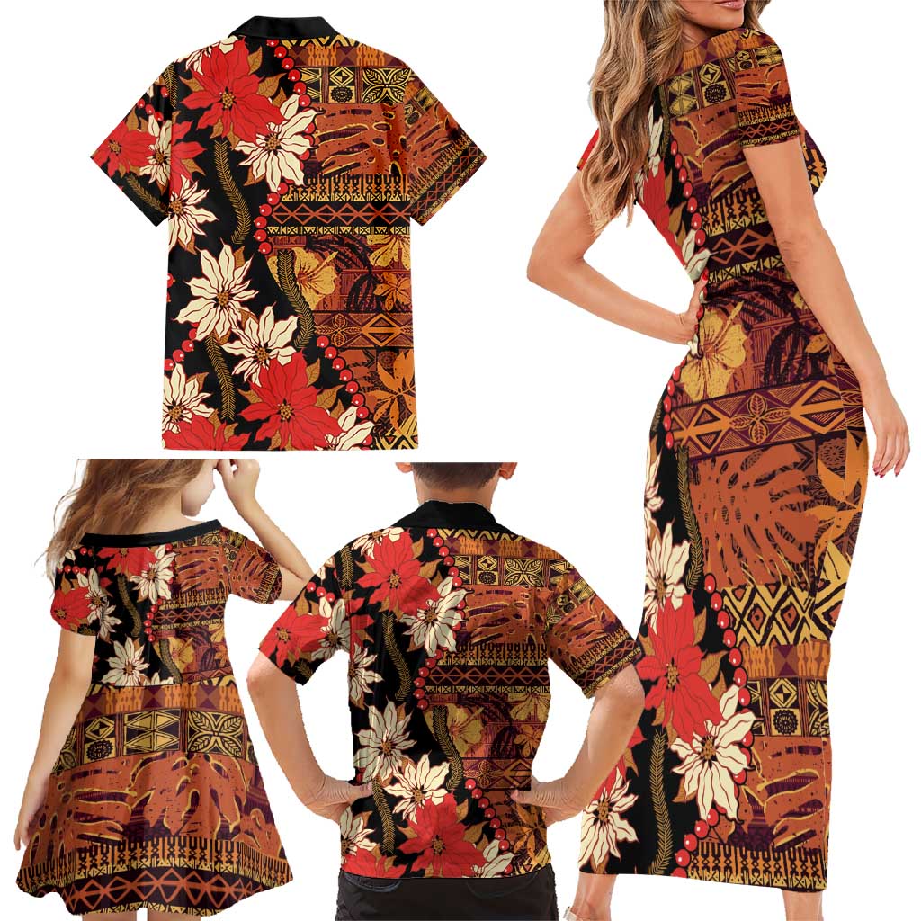 Hawaii Christmas Poinsettia Lei Family Matching Short Sleeve Bodycon Dress and Hawaiian Shirt Tapa Pattern - Polynesian Pride