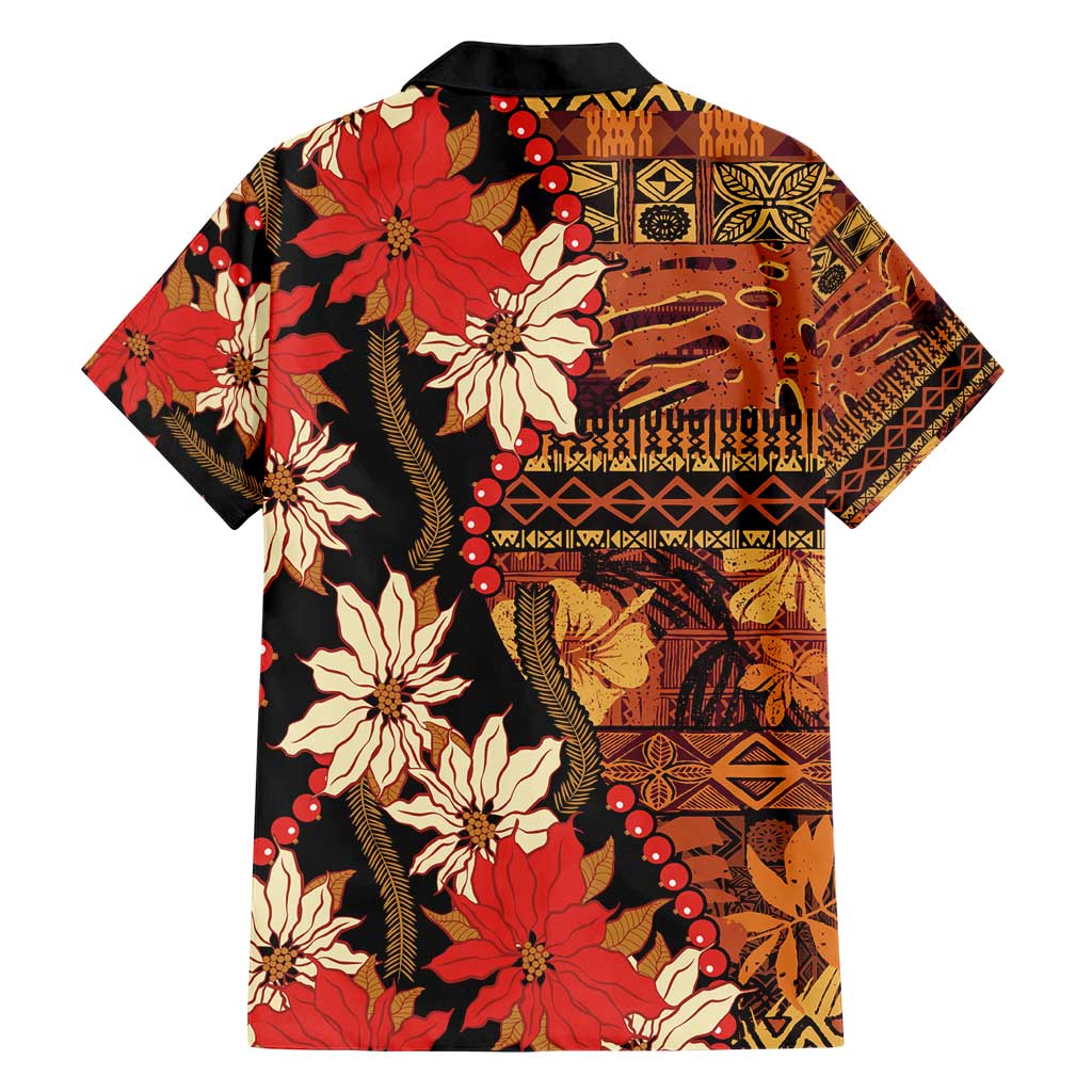 Hawaii Christmas Poinsettia Lei Family Matching Short Sleeve Bodycon Dress and Hawaiian Shirt Tapa Pattern - Polynesian Pride