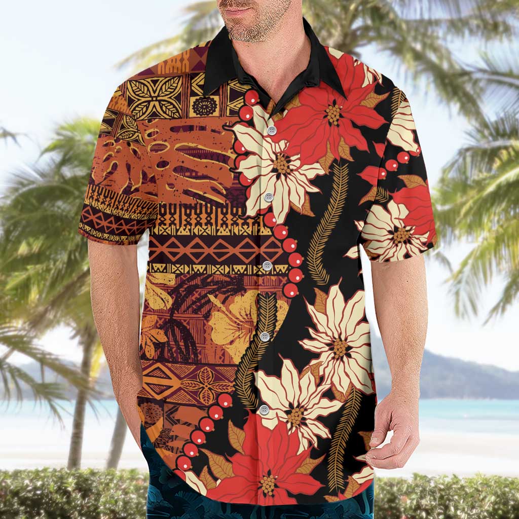 Hawaii Christmas Poinsettia Lei Hawaiian Shirt Tapa Pattern - Polynesian Pride