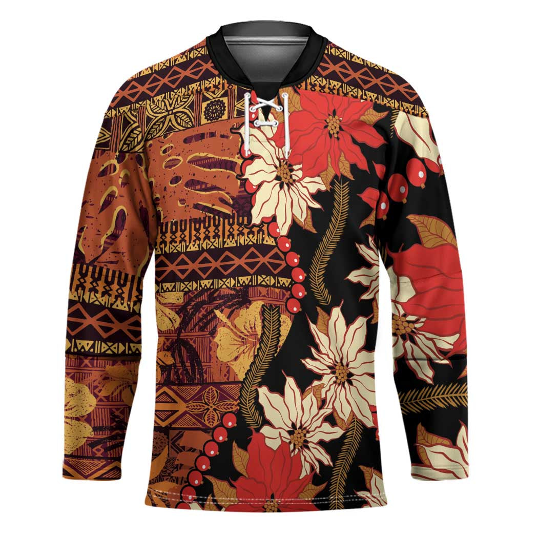Hawaii Christmas Poinsettia Lei Hockey Jersey Tapa Pattern LT01 Unisex Brown - Polynesian Pride