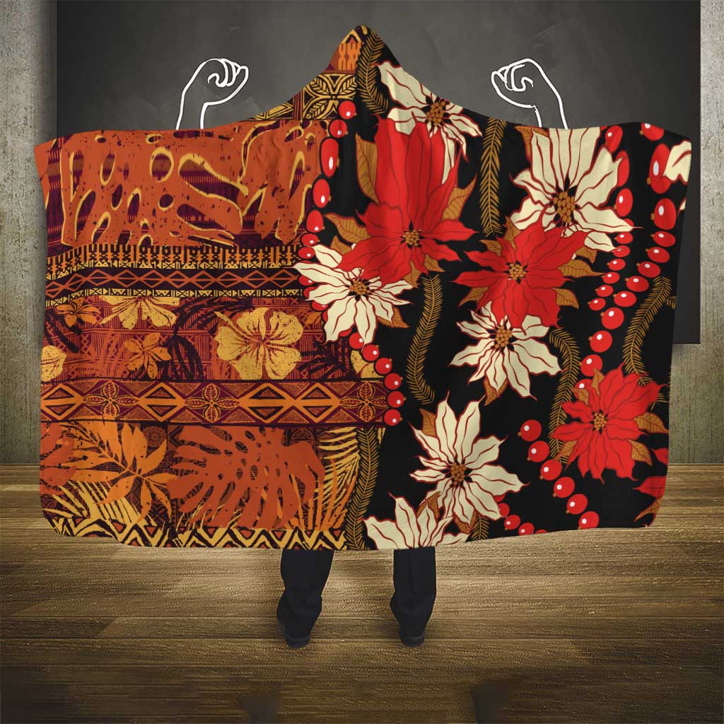 Hawaii Christmas Poinsettia Lei Hooded Blanket Tapa Pattern - Polynesian Pride