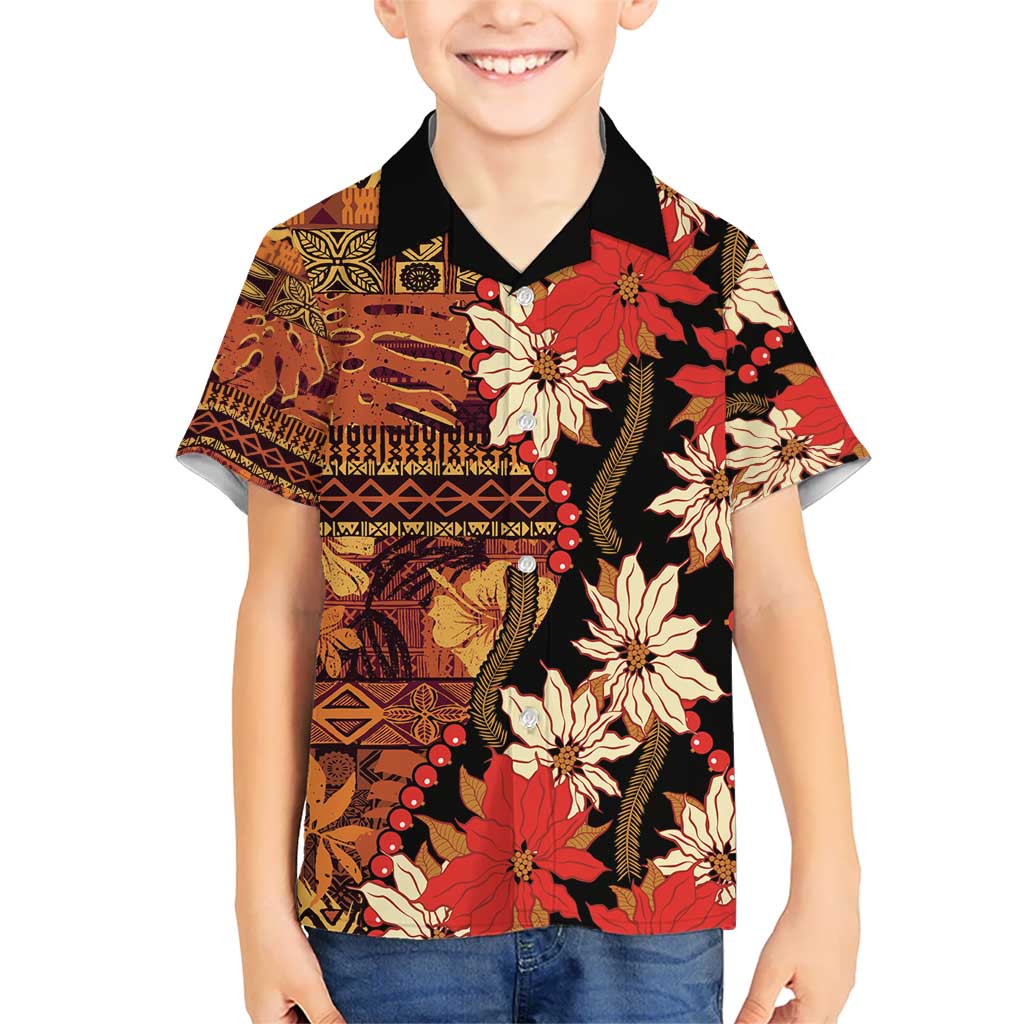 Hawaii Christmas Poinsettia Lei Kid Hawaiian Shirt Tapa Pattern LT01 Kid Brown - Polynesian Pride
