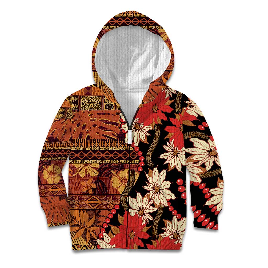 Hawaii Christmas Poinsettia Lei Kid Hoodie Tapa Pattern - Polynesian Pride