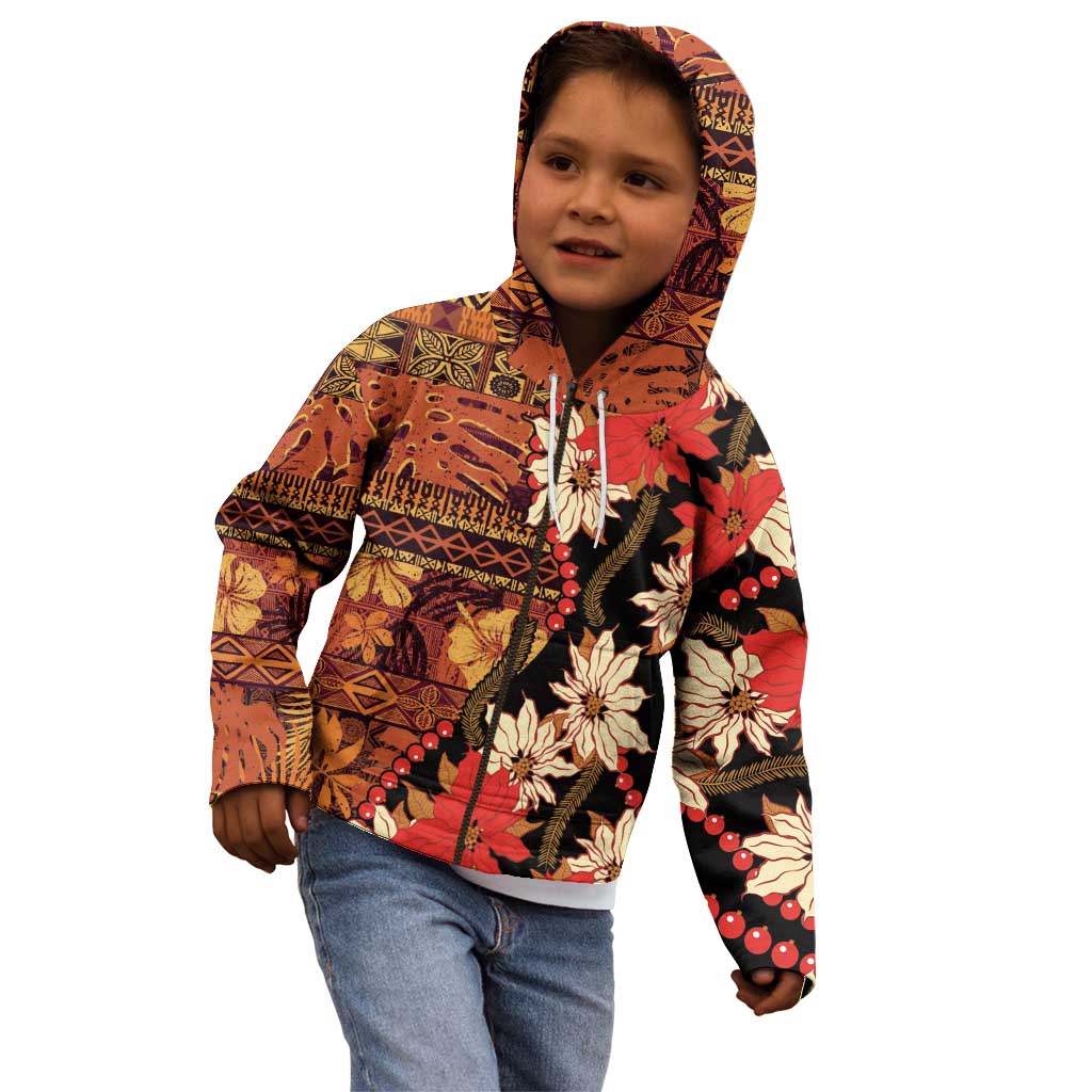 Hawaii Christmas Poinsettia Lei Kid Hoodie Tapa Pattern - Polynesian Pride