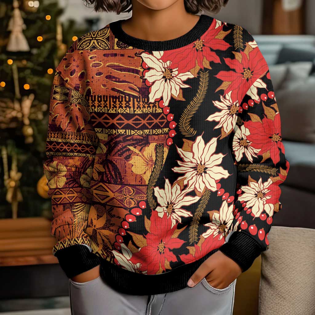 Hawaii Christmas Poinsettia Lei Kid Ugly Christmas Sweater Tapa Pattern - Polynesian Pride