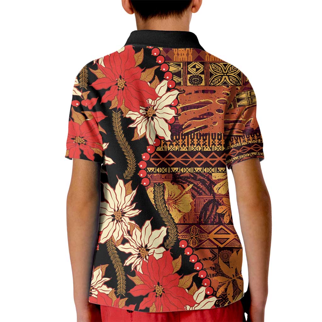 Hawaii Christmas Poinsettia Lei Kid Polo Shirt Tapa Pattern - Polynesian Pride