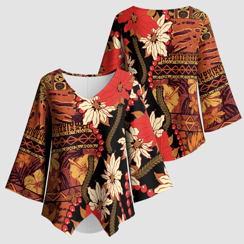 Hawaii Christmas Poinsettia Lei Kimono Sleeve Blouse Tapa Pattern - Polynesian Pride