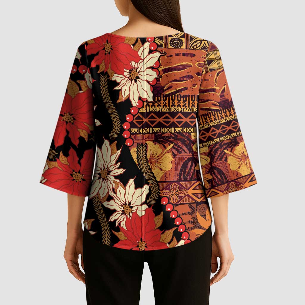 Hawaii Christmas Poinsettia Lei Kimono Sleeve Blouse Tapa Pattern - Polynesian Pride