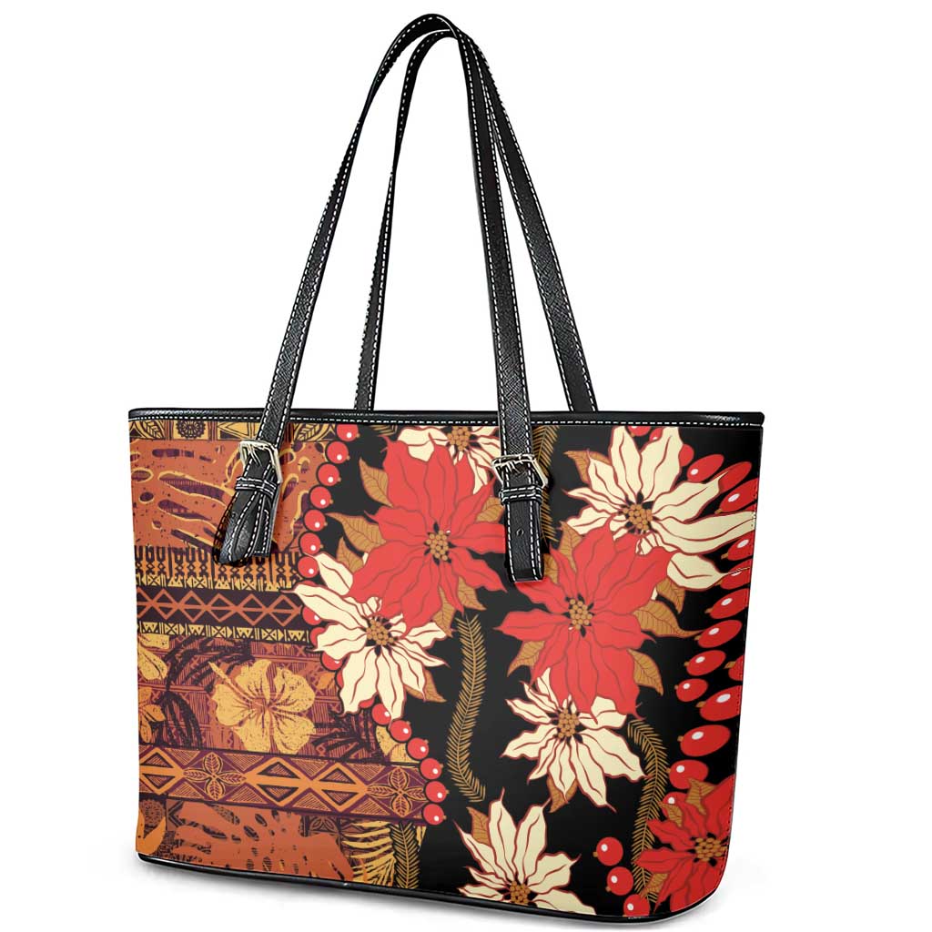 Hawaii Christmas Poinsettia Lei Leather Tote Bag Tapa Pattern - Polynesian Pride