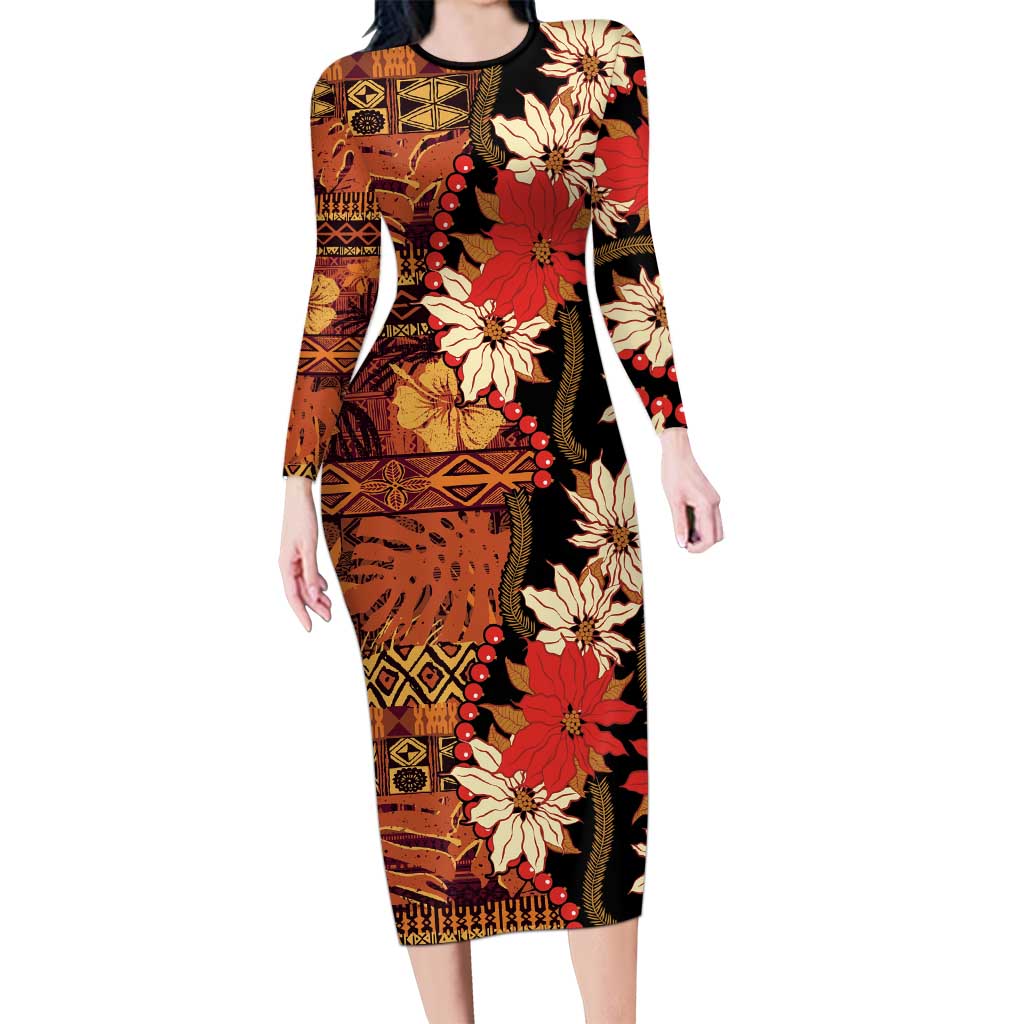 Hawaii Christmas Poinsettia Lei Long Sleeve Bodycon Dress Tapa Pattern - Polynesian Pride