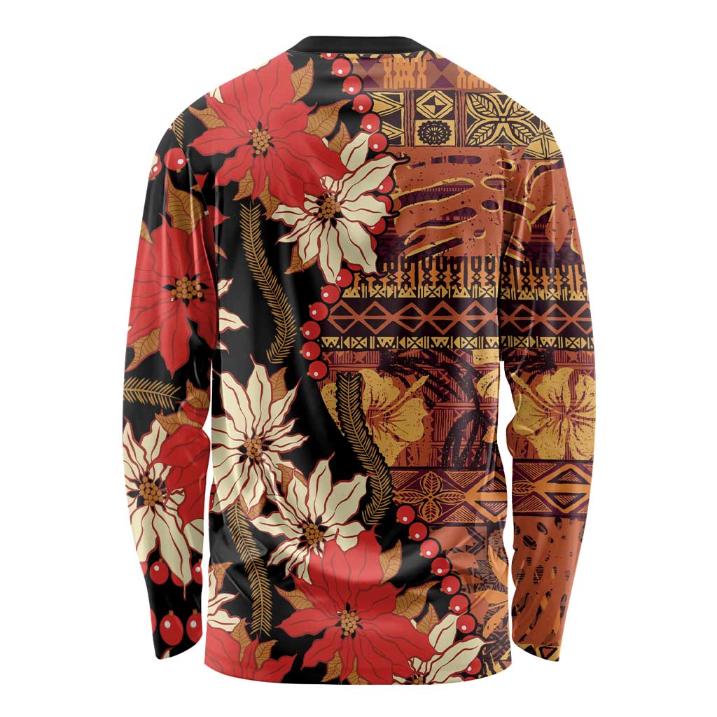 Hawaii Christmas Poinsettia Lei Long Sleeve Shirt Tapa Pattern - Polynesian Pride