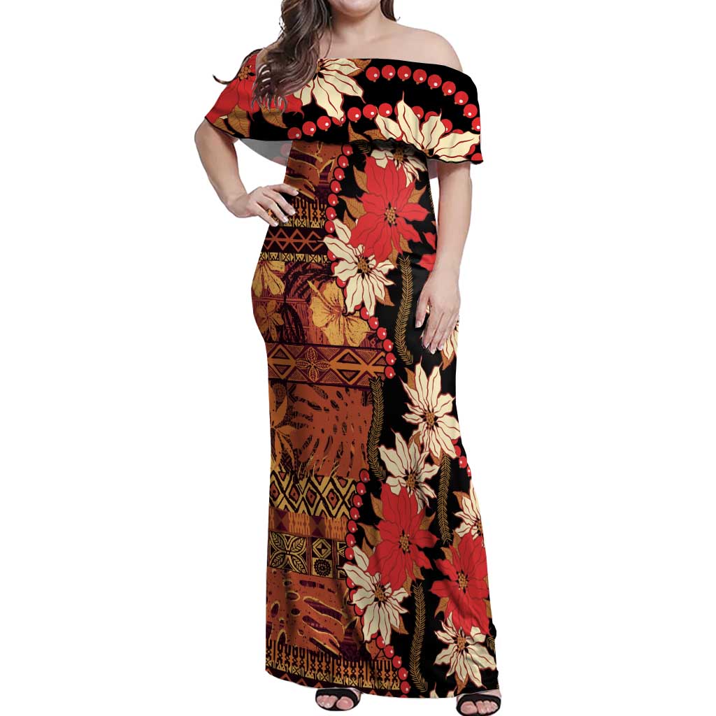 Hawaii Christmas Poinsettia Lei Off Shoulder Maxi Dress Tapa Pattern - Polynesian Pride