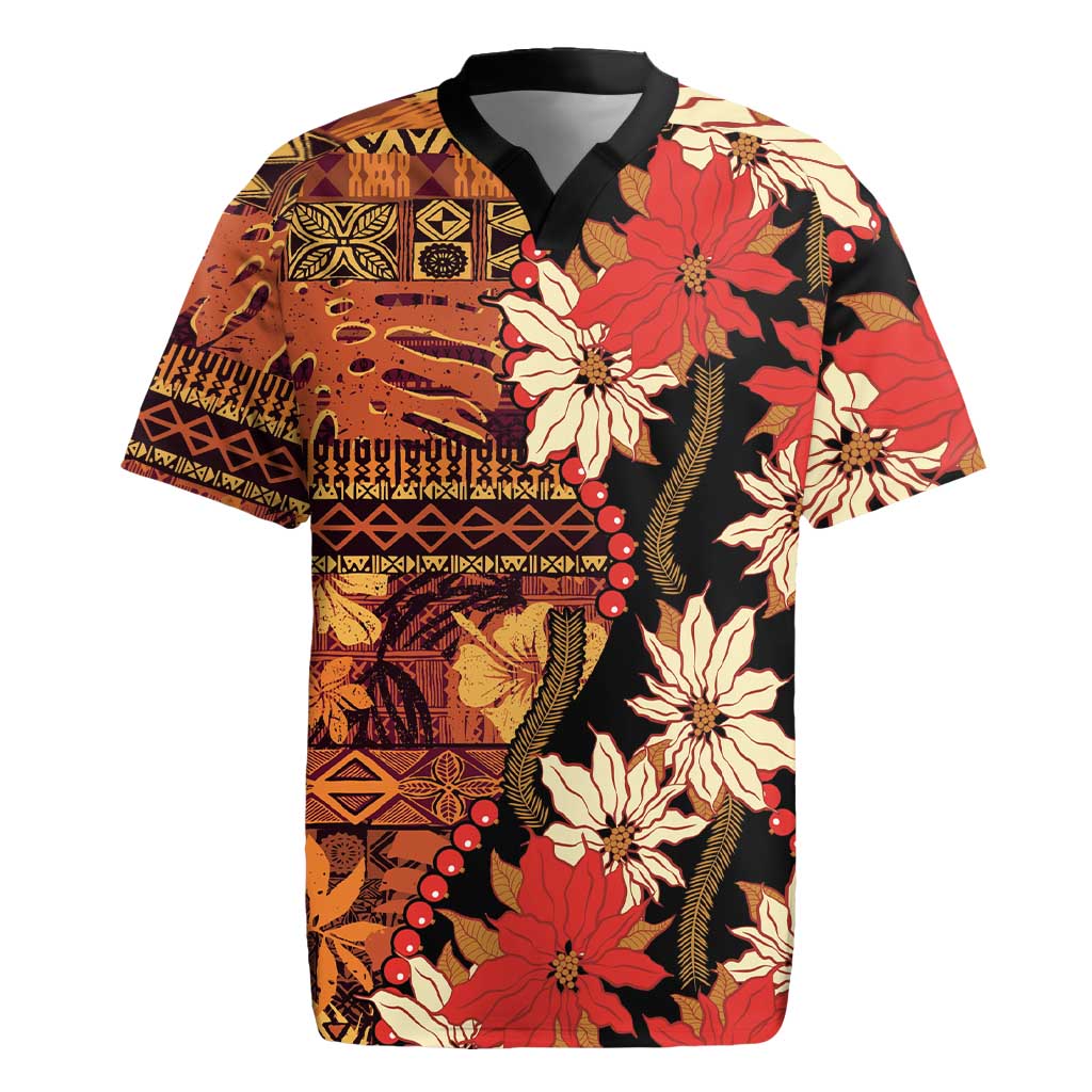 Hawaii Christmas Poinsettia Lei Rugby Jersey Tapa Pattern - Polynesian Pride