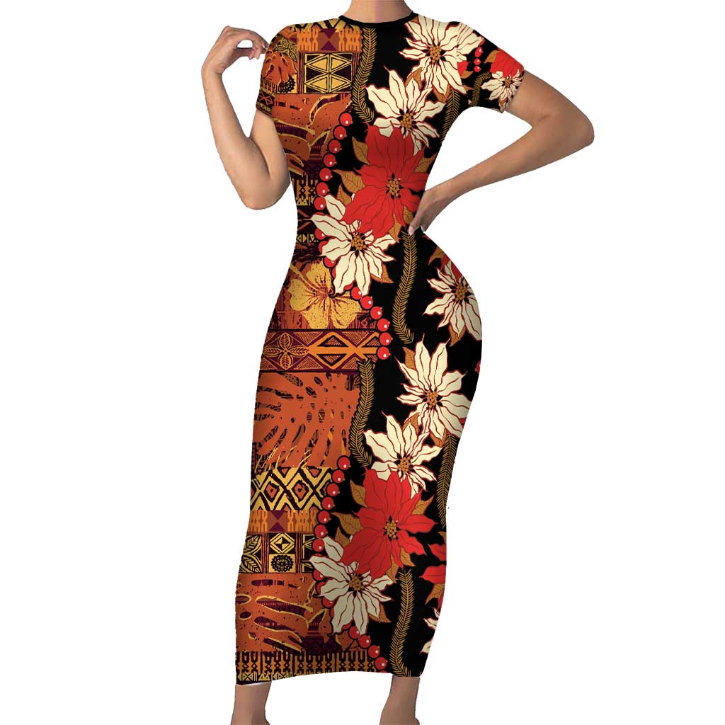 Hawaii Christmas Poinsettia Lei Short Sleeve Bodycon Dress Tapa Pattern - Polynesian Pride
