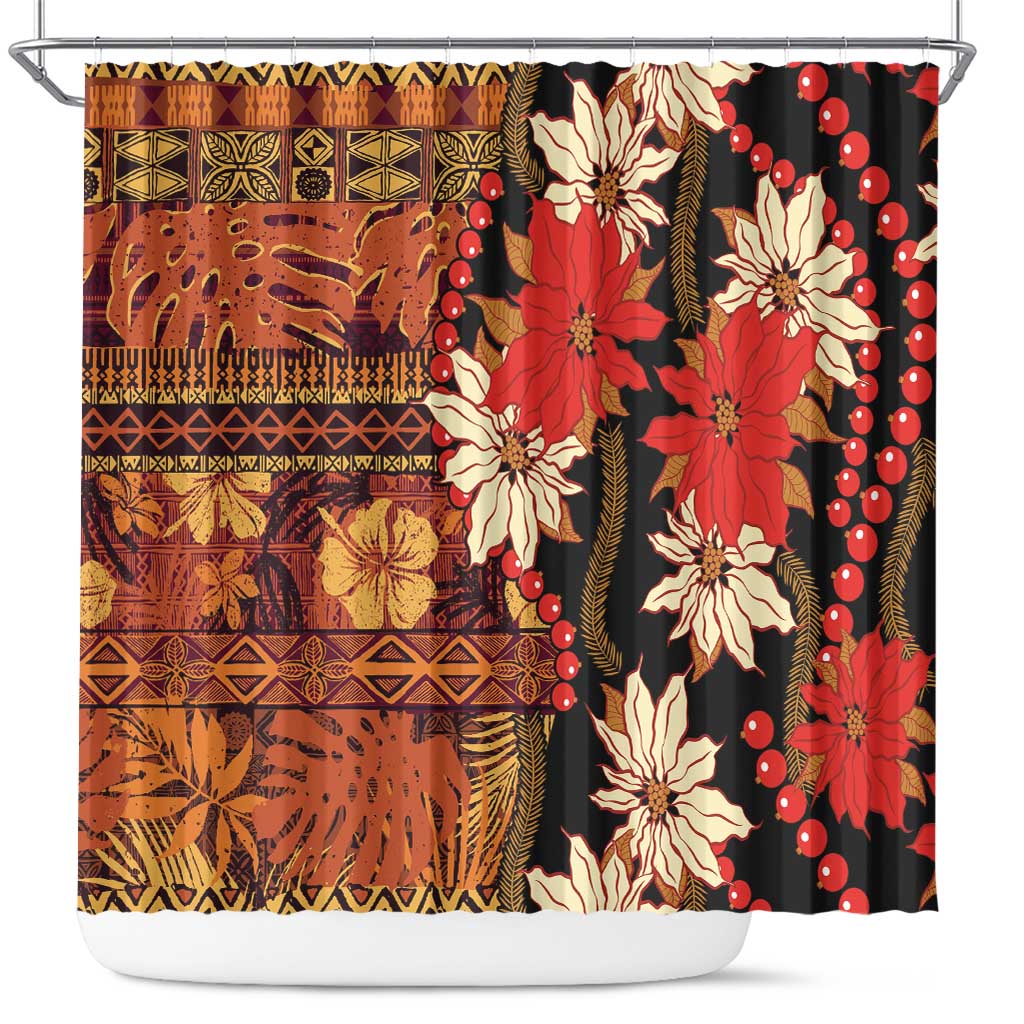 Hawaii Christmas Poinsettia Lei Shower Curtain Tapa Pattern - Polynesian Pride