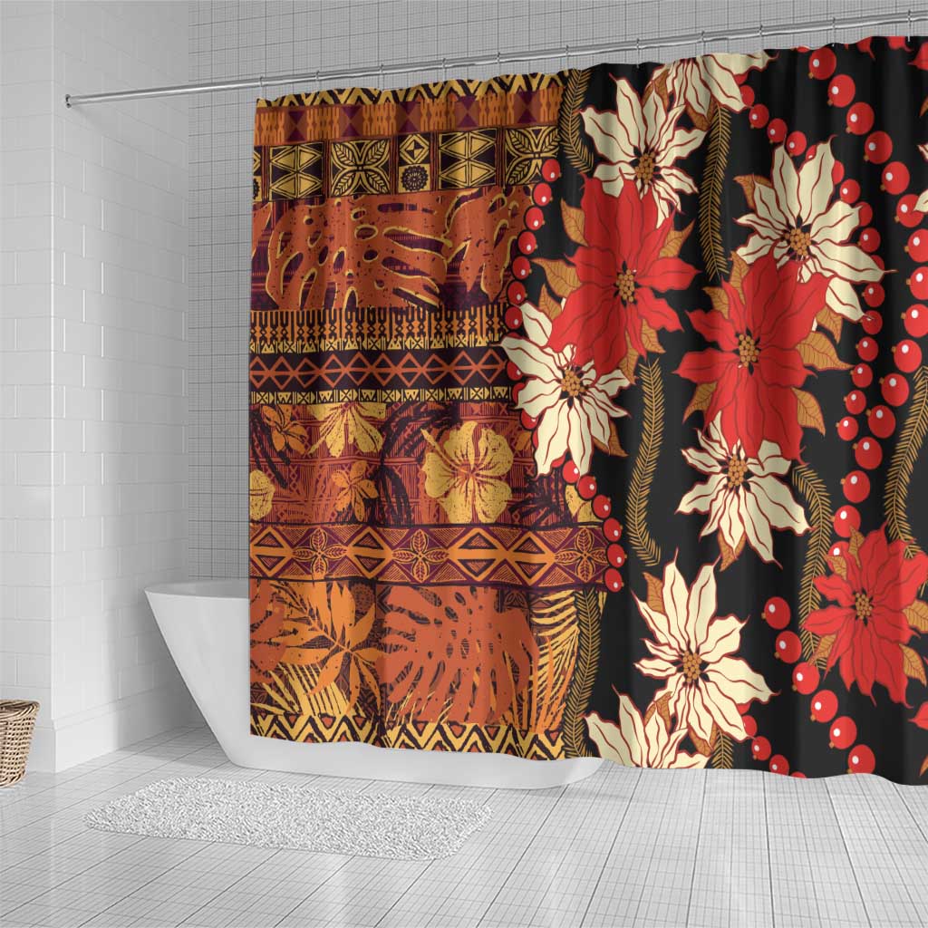 Hawaii Christmas Poinsettia Lei Shower Curtain Tapa Pattern - Polynesian Pride