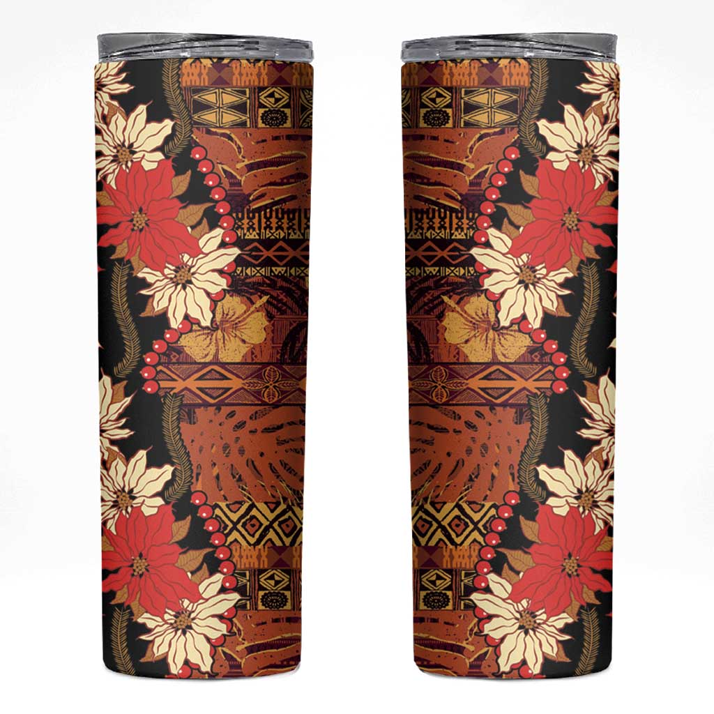 Hawaii Christmas Poinsettia Lei Skinny Tumbler Tapa Pattern - Polynesian Pride