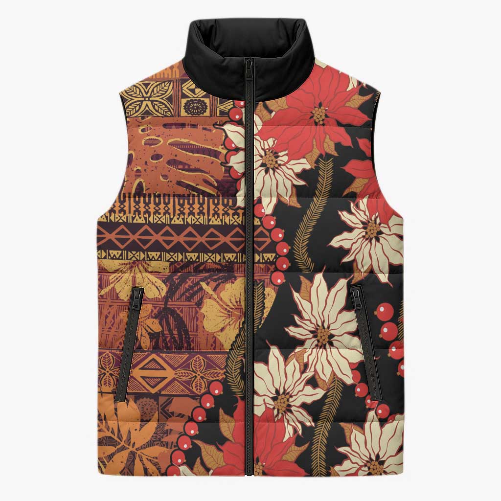 Hawaii Christmas Poinsettia Lei Sleeveless Puffer Jacket Tapa Pattern LT01 Unisex Brown - Polynesian Pride