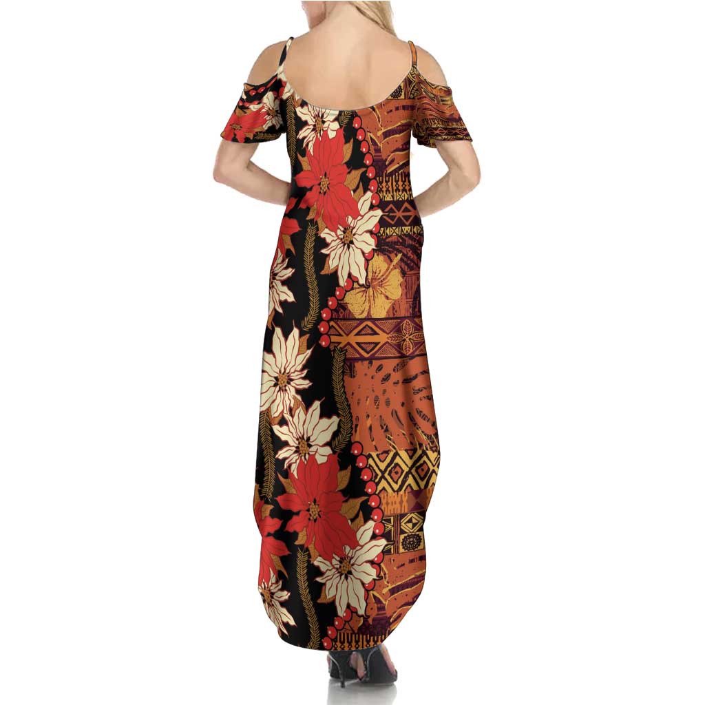 Hawaii Christmas Poinsettia Lei Summer Maxi Dress Tapa Pattern - Polynesian Pride