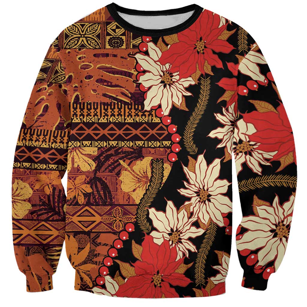 Hawaii Christmas Poinsettia Lei Sweatshirt Tapa Pattern - Polynesian Pride