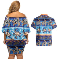 Hawaii Turtles Pattern Special Blue Couples Matching Off Shoulder Short Dress and Hawaiian Shirt - Polynesian Pride