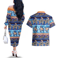 Hawaii Turtles Pattern Special Blue Couples Matching Off The Shoulder Long Sleeve Dress and Hawaiian Shirt - Polynesian Pride