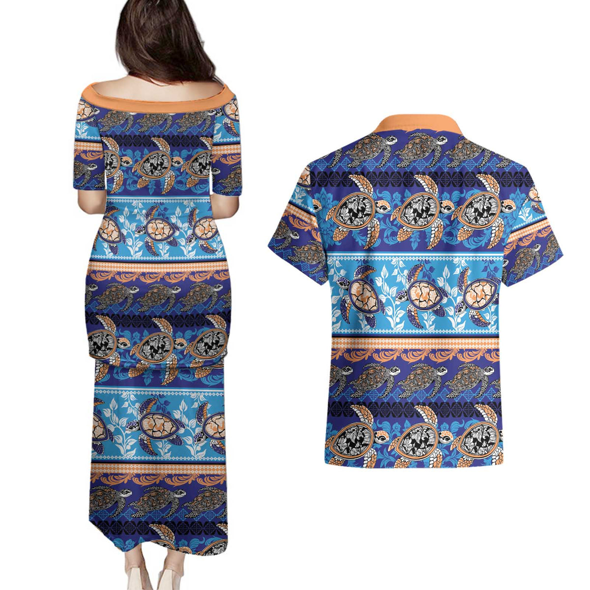 Hawaii Turtles Pattern Special Blue Couples Matching Puletasi and Hawaiian Shirt - Polynesian Pride