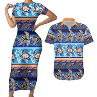 Hawaii Turtles Pattern Special Blue Couples Matching Short Sleeve Bodycon Dress and Hawaiian Shirt - Polynesian Pride