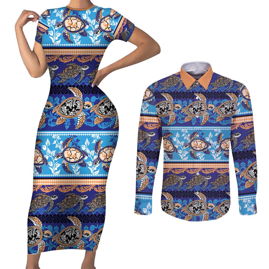 Hawaii Turtles Pattern Special Blue Couples Matching Short Sleeve Bodycon Dress and Long Sleeve Button Shirt - Polynesian Pride