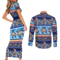 Hawaii Turtles Pattern Special Blue Couples Matching Short Sleeve Bodycon Dress and Long Sleeve Button Shirt - Polynesian Pride