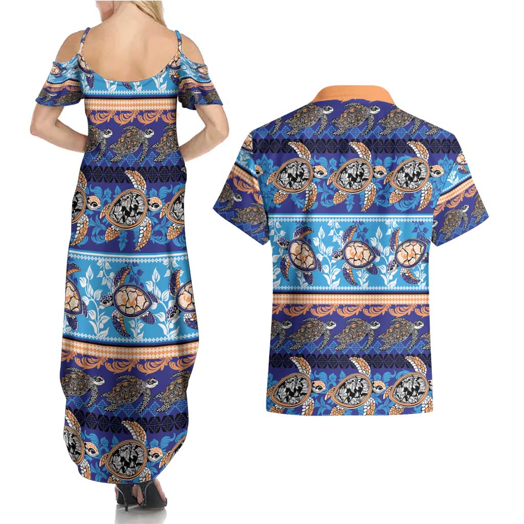 Hawaii Turtles Pattern Special Blue Couples Matching Summer Maxi Dress and Hawaiian Shirt - Polynesian Pride