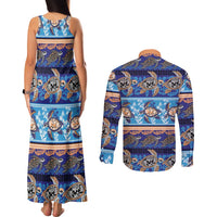 Hawaii Turtles Pattern Special Blue Couples Matching Tank Maxi Dress and Long Sleeve Button Shirt - Polynesian Pride