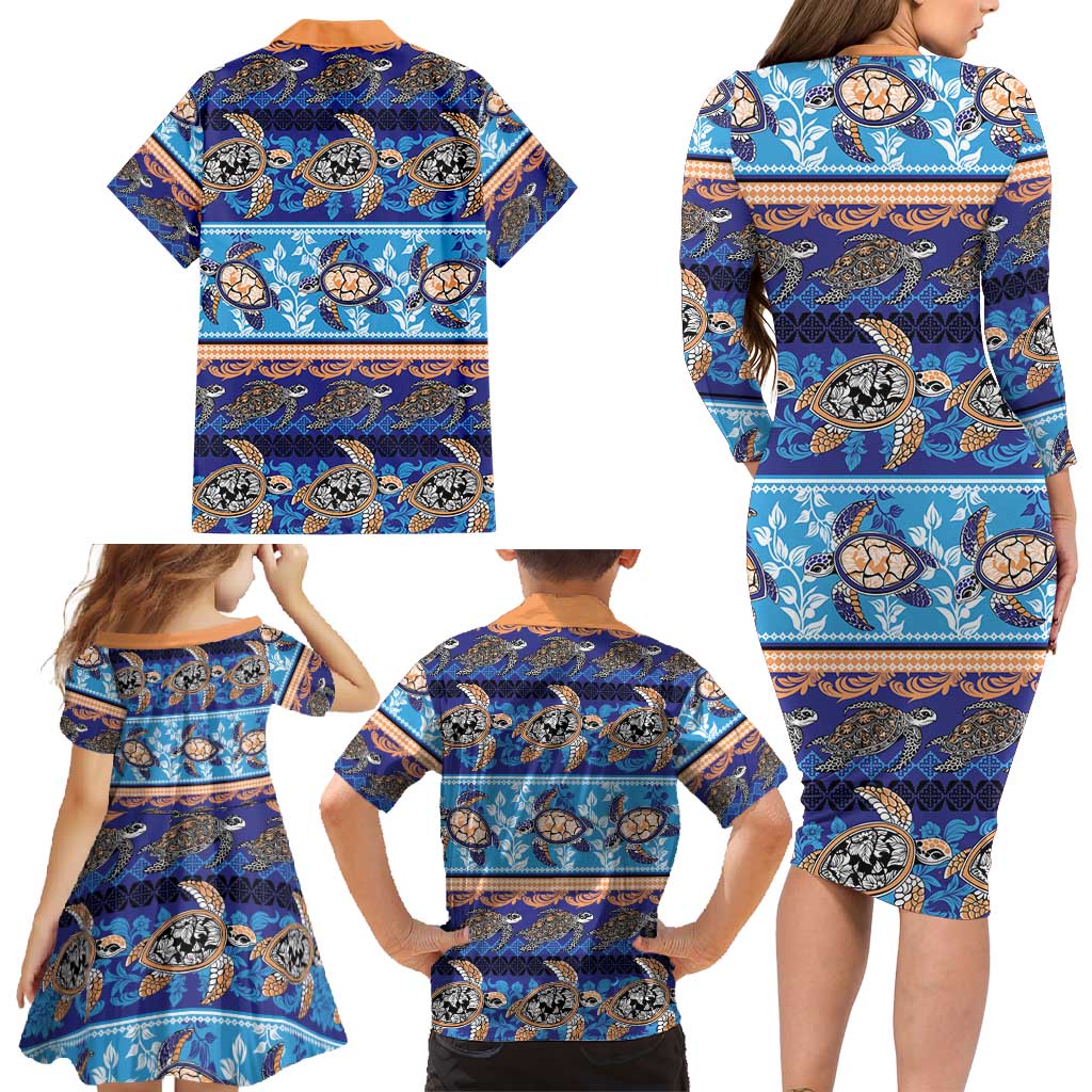 Hawaii Turtles Pattern Special Blue Family Matching Long Sleeve Bodycon Dress and Hawaiian Shirt - Polynesian Pride