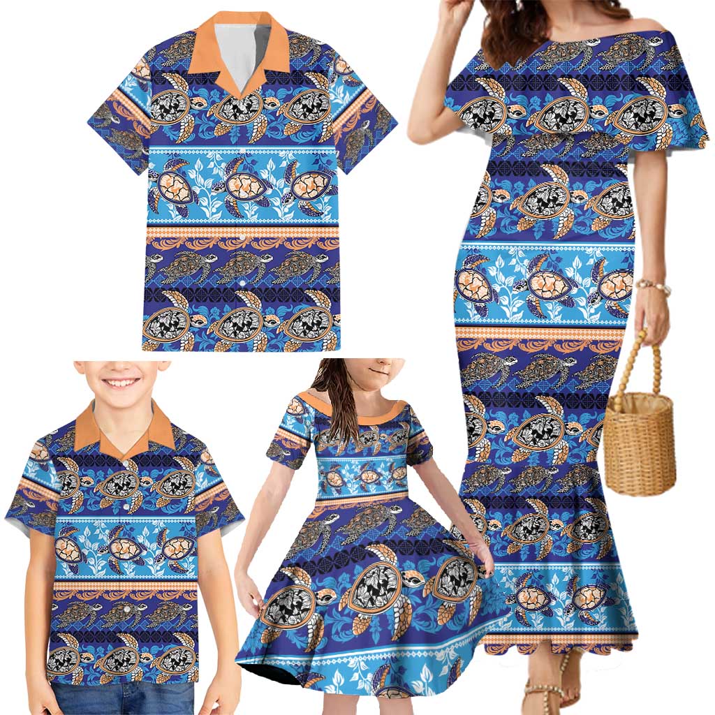 Hawaii Turtles Pattern Special Blue Family Matching Mermaid Dress and Hawaiian Shirt - Polynesian Pride