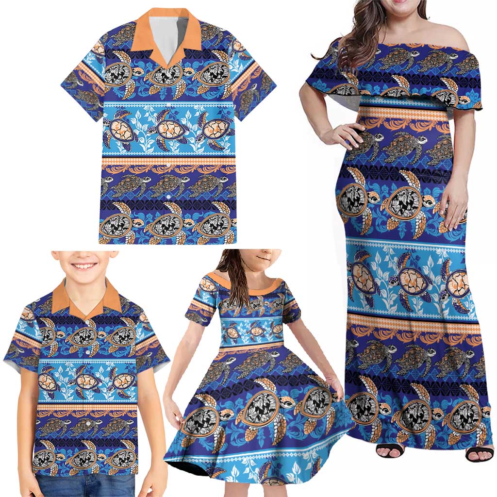 Hawaii Turtles Pattern Special Blue Family Matching Off Shoulder Maxi Dress and Hawaiian Shirt - Polynesian Pride