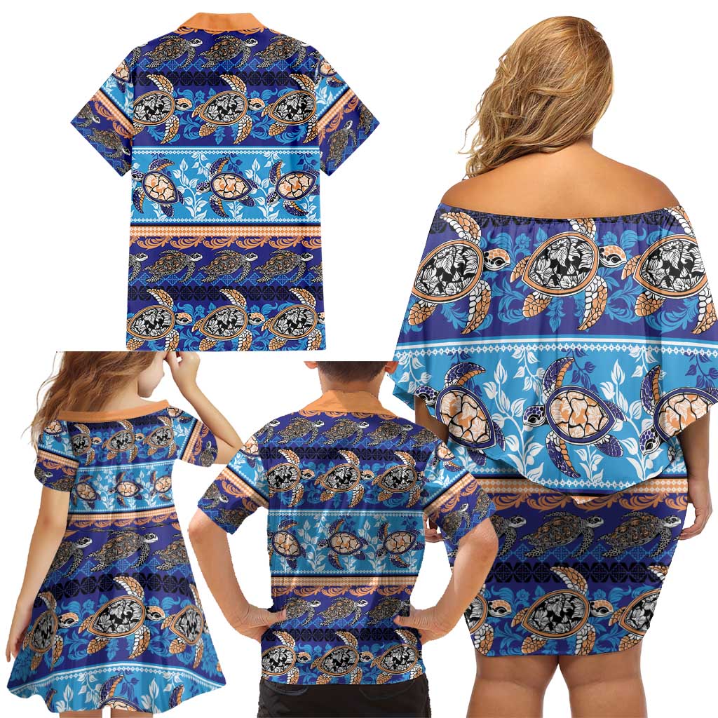 Hawaii Turtles Pattern Special Blue Family Matching Off Shoulder Short Dress and Hawaiian Shirt - Polynesian Pride