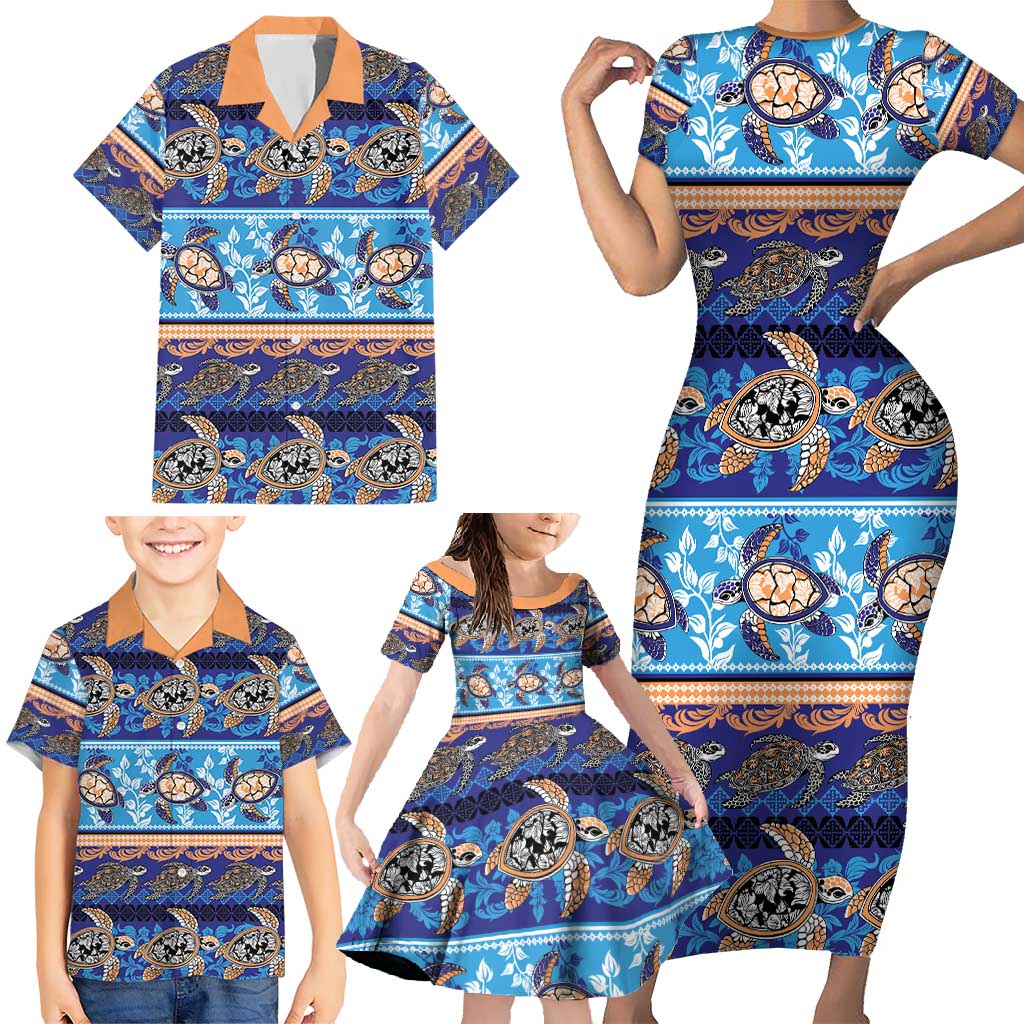 Hawaii Turtles Pattern Special Blue Family Matching Short Sleeve Bodycon Dress and Hawaiian Shirt - Polynesian Pride