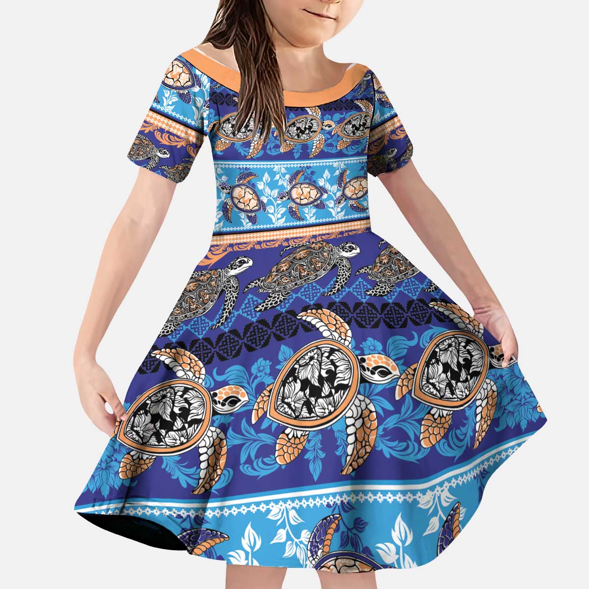 Hawaii Turtles Pattern Special Blue Kid Short Sleeve Dress - Polynesian Pride