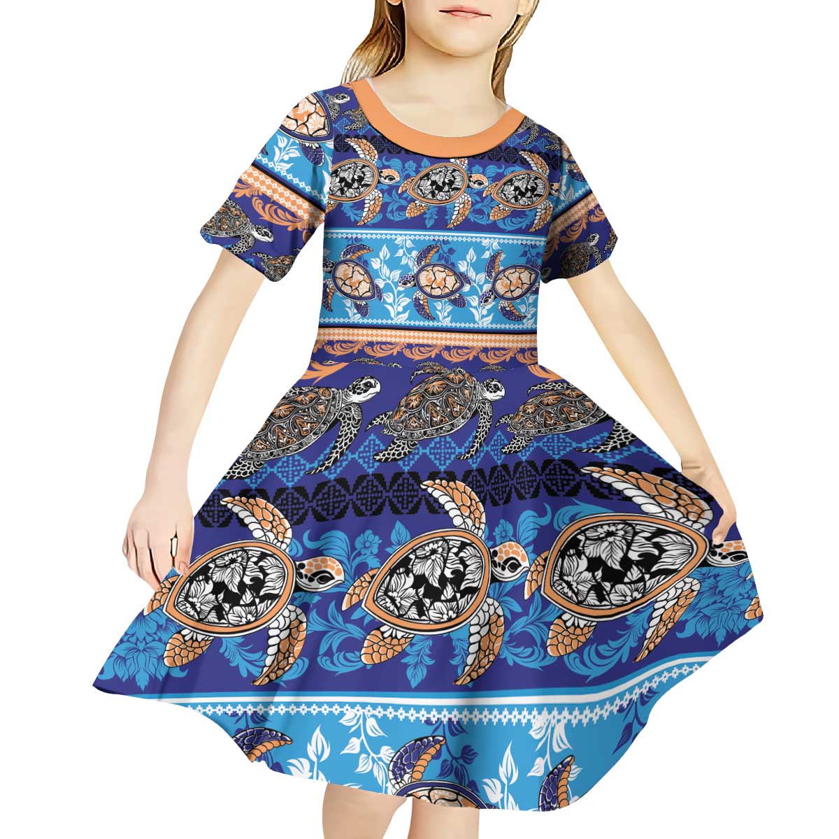 Hawaii Turtles Pattern Special Blue Kid Short Sleeve Dress - Polynesian Pride