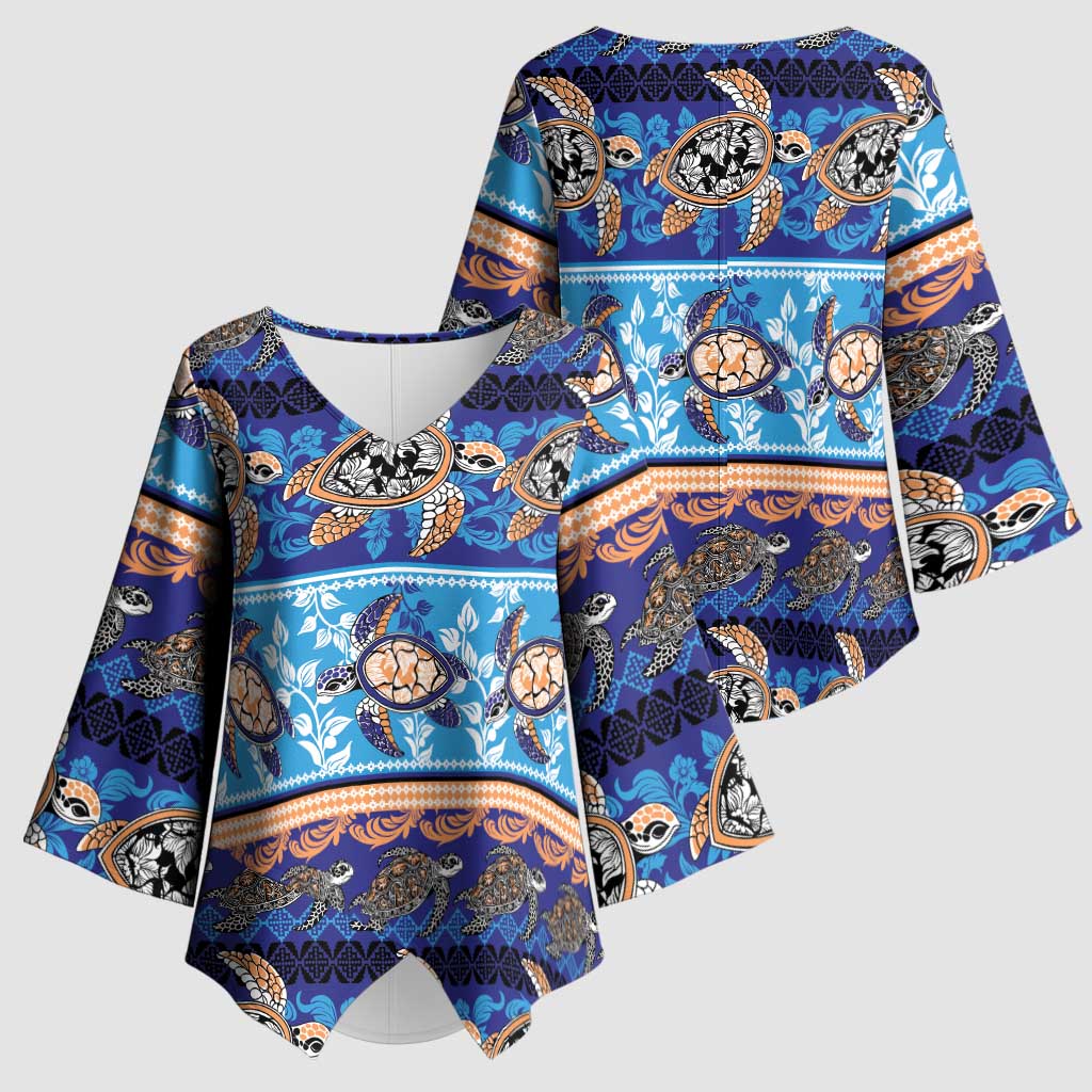Hawaii Turtles Pattern Special Blue Kimono Sleeve Blouse - Polynesian Pride