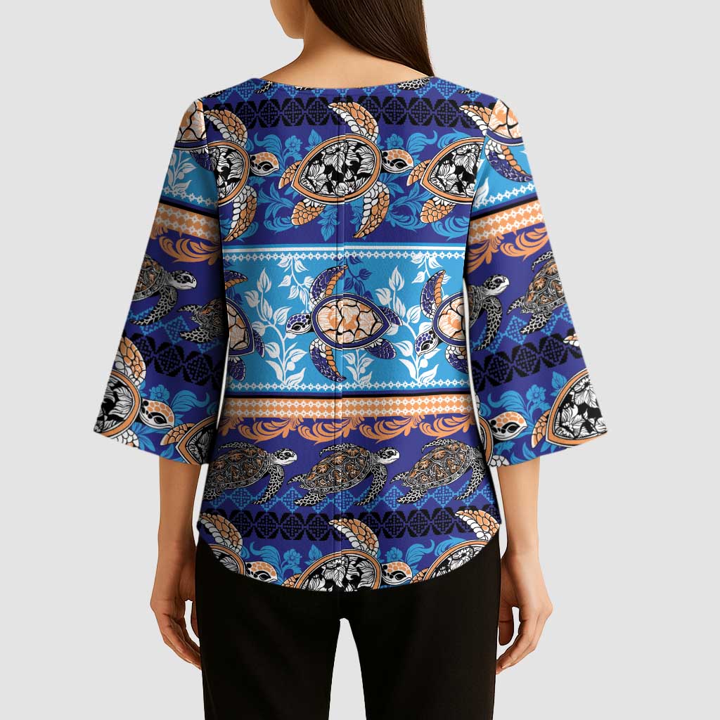Hawaii Turtles Pattern Special Blue Kimono Sleeve Blouse - Polynesian Pride