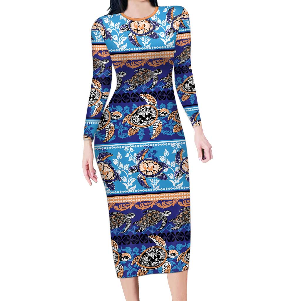 Hawaii Turtles Pattern Special Blue Long Sleeve Bodycon Dress - Polynesian Pride