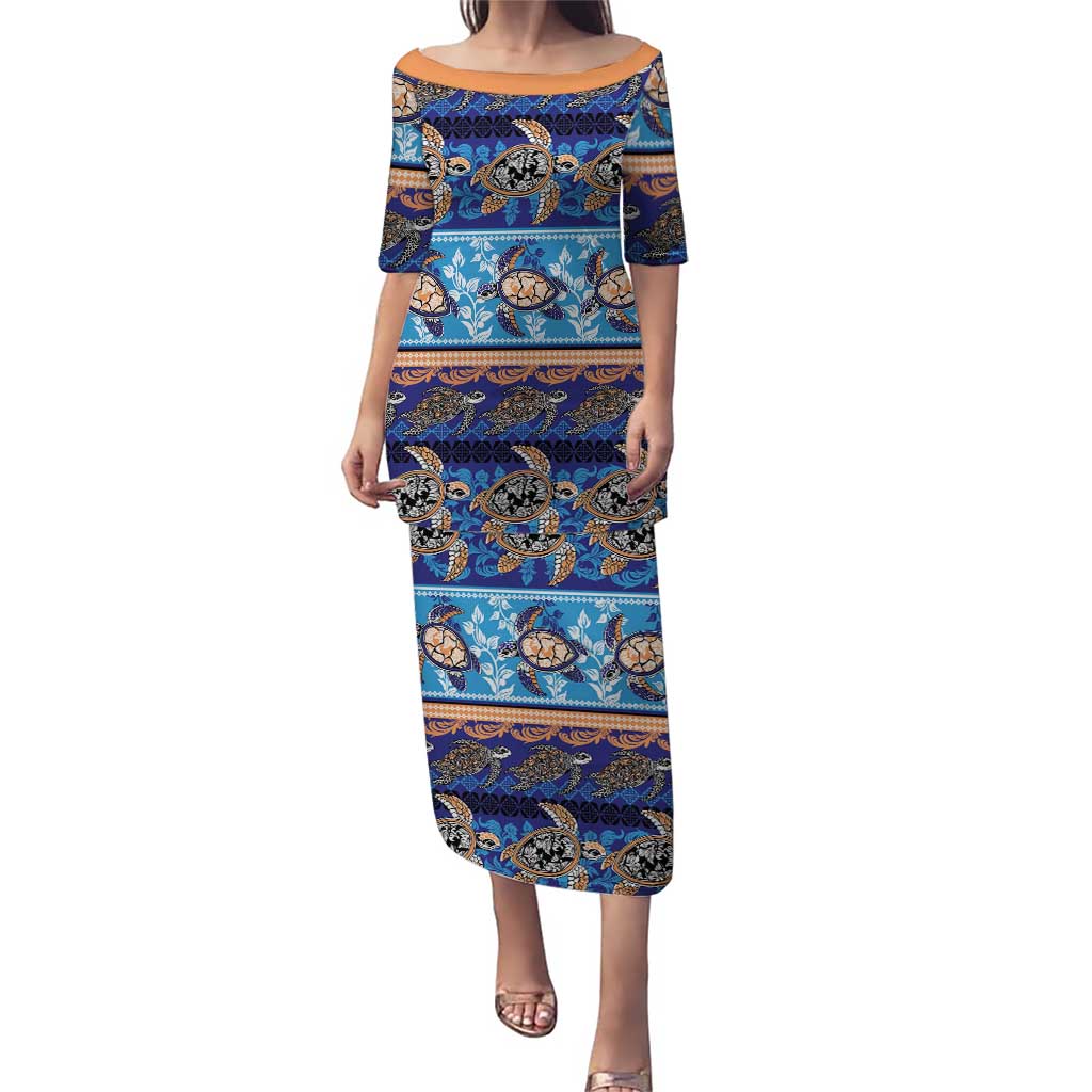 Hawaii Turtles Pattern Special Blue Puletasi LT01 Long Dress Blue - Polynesian Pride